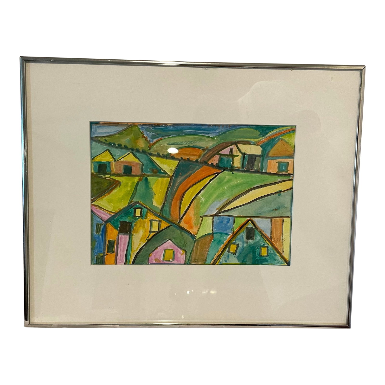 Ruza Erceg Geometric Landscape Watercolor on Paper: Ruza Erceg "Geometric Landscape" Watercolor on paper #397 Framed 16" x 20" (American, born 1898, died 1993) Ruza Erceg (1898-1993) painted colorful, rural scenes based on memories of her homeland in