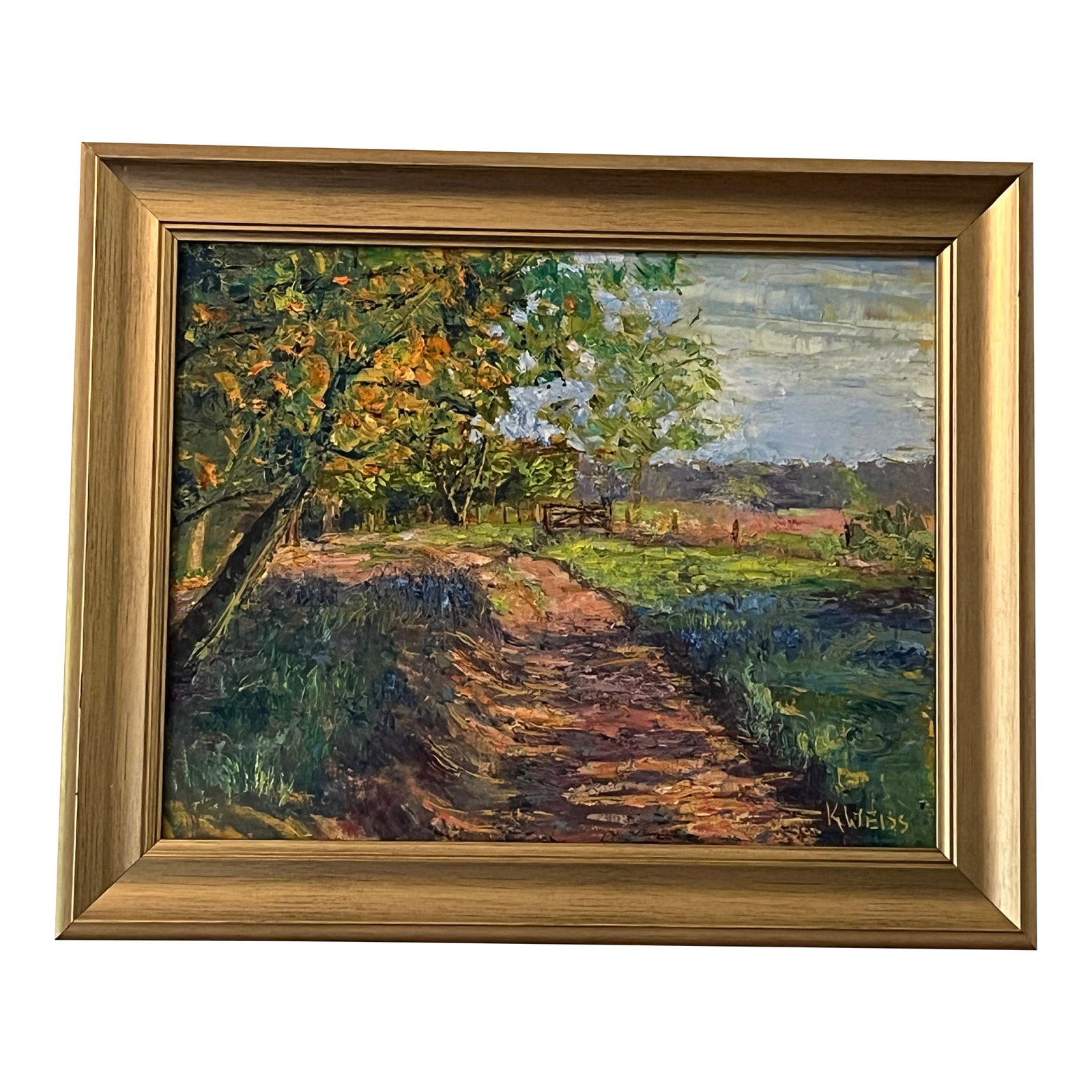 Vibrant Oil Painting of a Country Road in Autumn, Framed: This beautiful oil painting is by North Carolina artist Kathy Weiss. It depicts a country road landscape in early fall and includes exquisite details in both the foreground and background. The