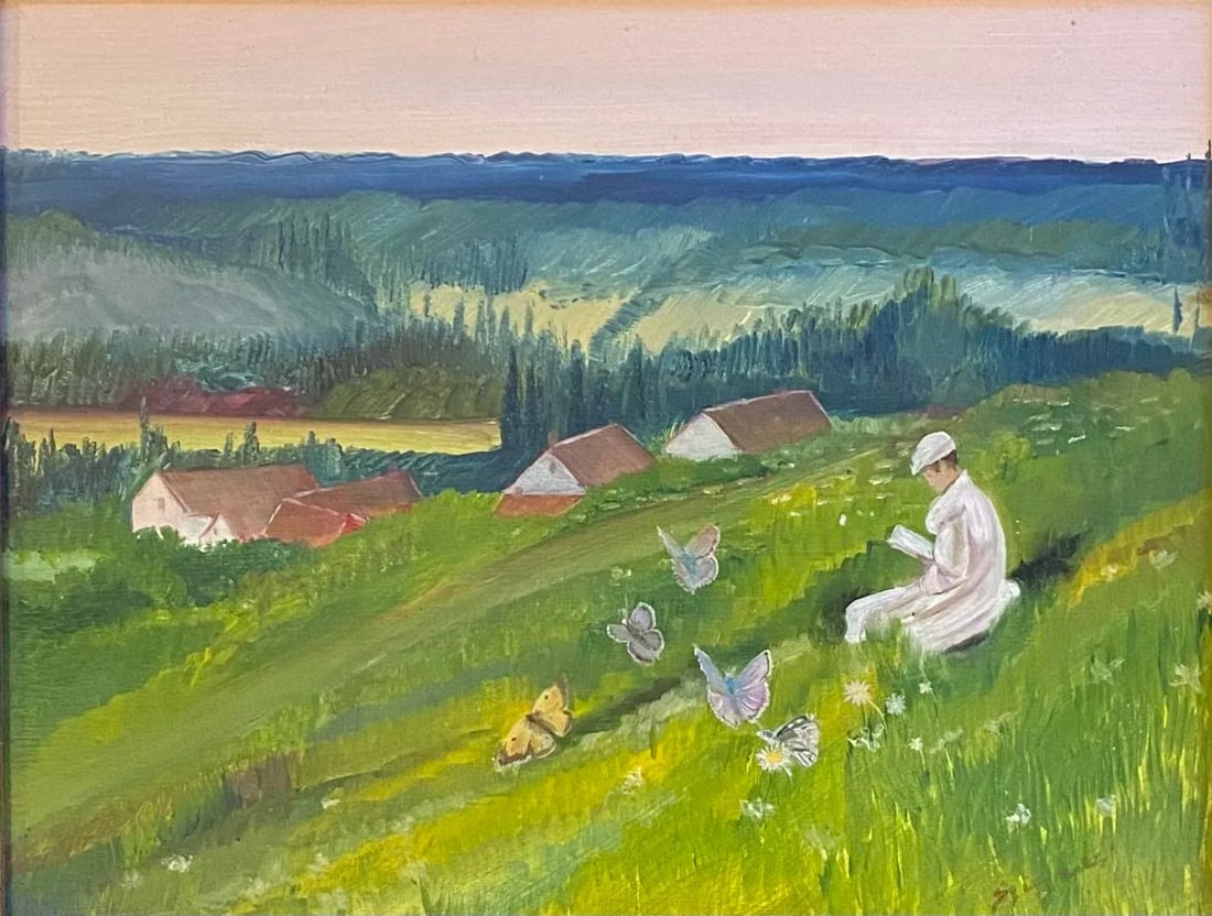 1990s Young Woman Reading a Book on a Hillside, Framed - 2