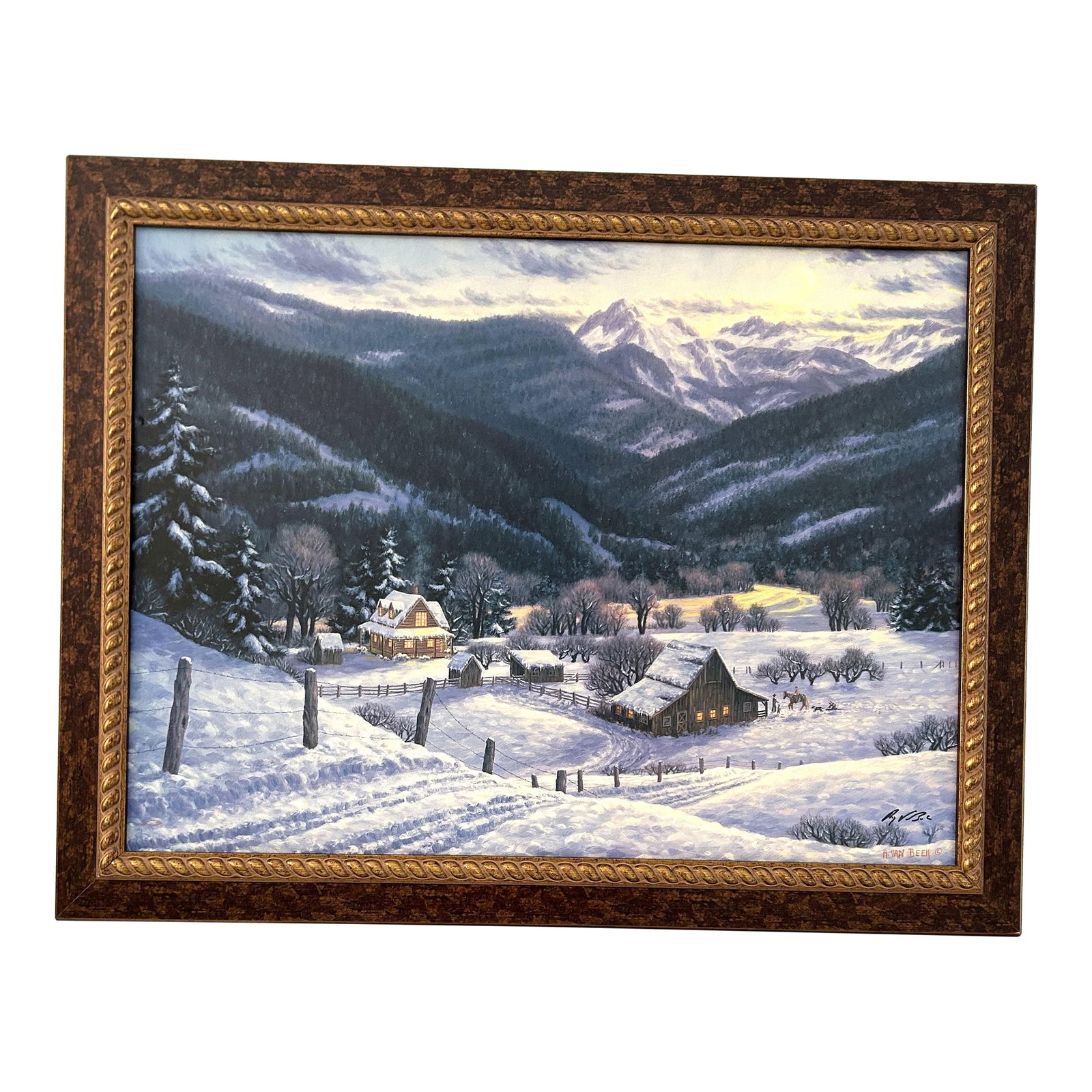Large Framed Limited Edition Print on Canvas "Mountain Homestead" by Artist R. Van Beek: Beautiful large, limited edition print on canvas entitled "Mountain Homestead" by American artist Randy Van Beek (b. 1958- ). The scene is in the Twisp Valley of WA. Scene features a crescent