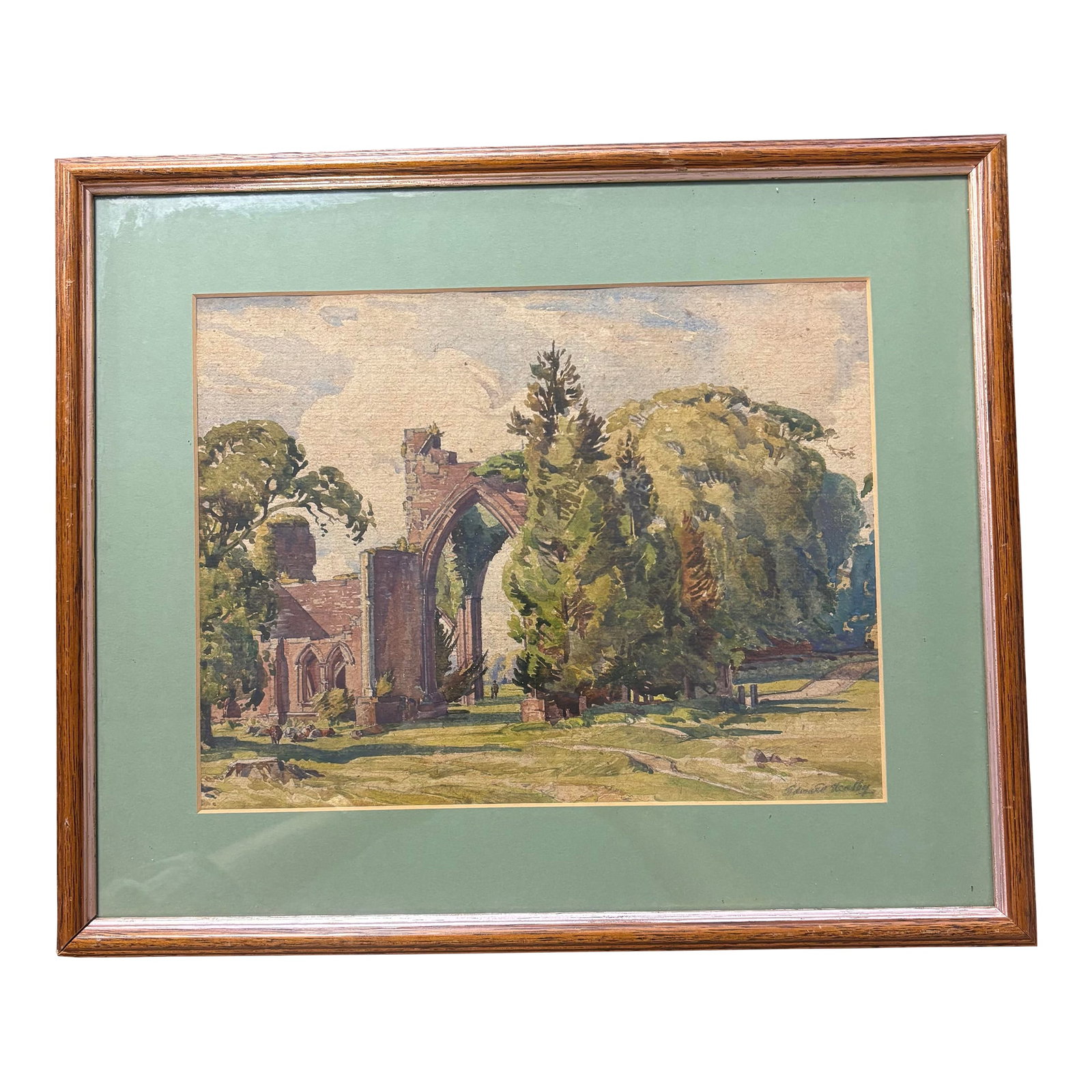 Framed Vintage Landscape Watercolor: A captivating vintage English landscape watercolor, depicting the romantic ruins of a castle or abbey nestled within a serene countryside setting. The composition is rendered with exquisite attention 