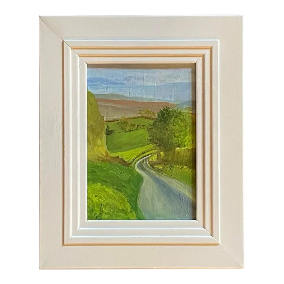 Original English Countryside Impressionist Painting by Satori Gregorakis, Framed: Original oil painting on 1/4" oak board of an English countryside landscape by Satori Gregorakis. Monogrammed in the lower left corner SG. White Framed. Satori Gregorakis (b. Long Island, N.Y., 1943-)