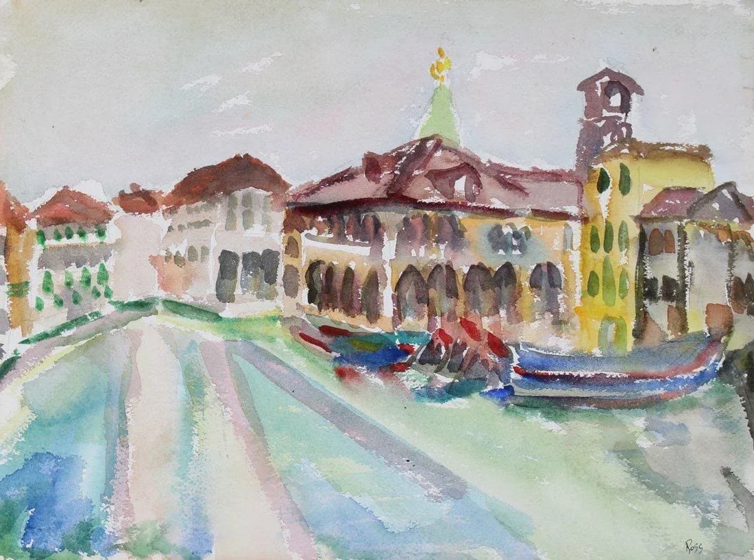 Abstracted Cityscape in Cool Colors Mid Century Watercolor: This mid 20th century watercolor seascape is by California Expressionist painter and sculptor Ross Curtis (1918-2007). Curtis was the co-founder of a noted Northern California group of artists known a