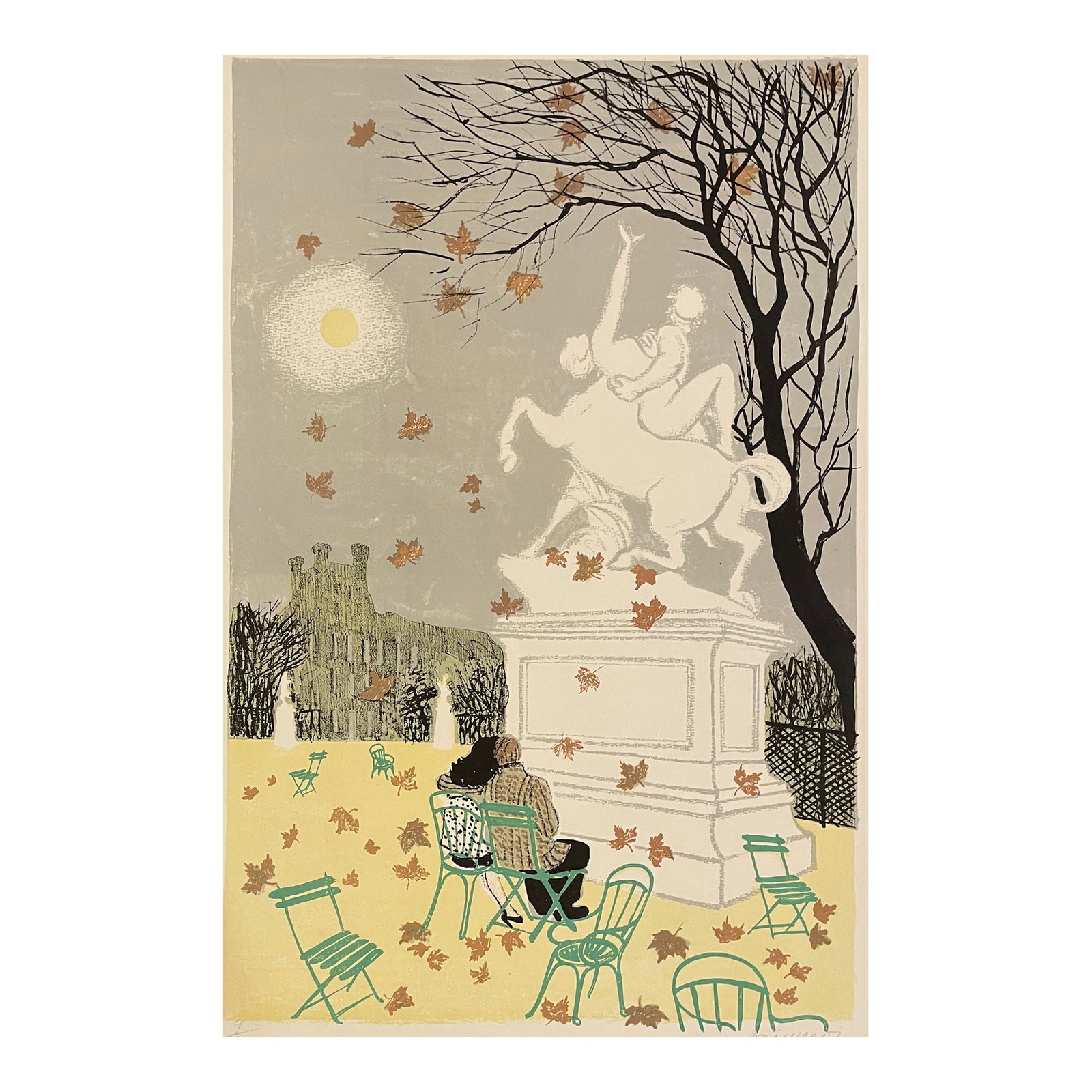 1955 Tuileres Paris French Lithograph: 1955 French lithograph of a couple in the Tuileries with the Louvre in the background. The sculpture is "Centaur raping a Nymph" 1892 by Laurent Marqueste (French, 1850-1920). Signed illegibly lower r