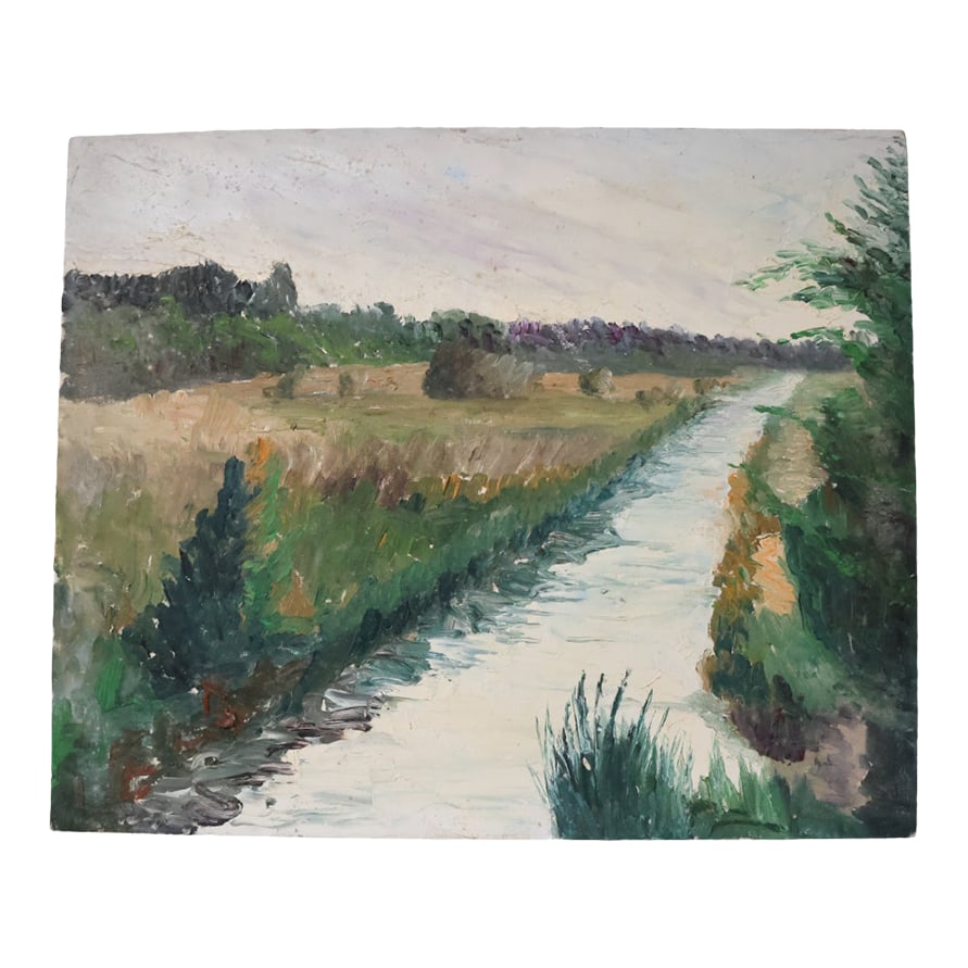 Mid-20th Century French Riverside Painting: This mid-20th century French riverside painting captures the peaceful charm of a riverbank scene, where water gently meets the land under soft, natural light. With a balanced composition and muted ton