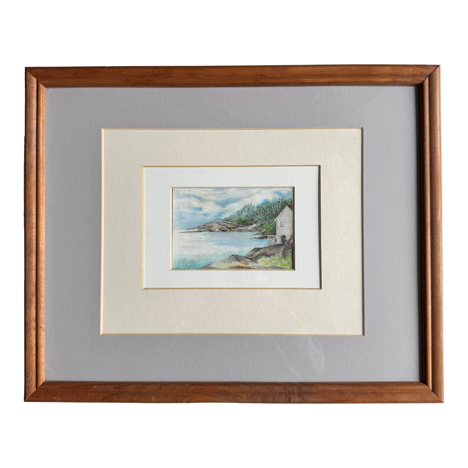 Watercolor of Coastal Maine: Double matted small, charming watercolor of the rocky shoreline of Maine, with a home in the foreground. Signature looks to be S. Griffin Condition: Alterations: Original Condition Unaltered Imperfect