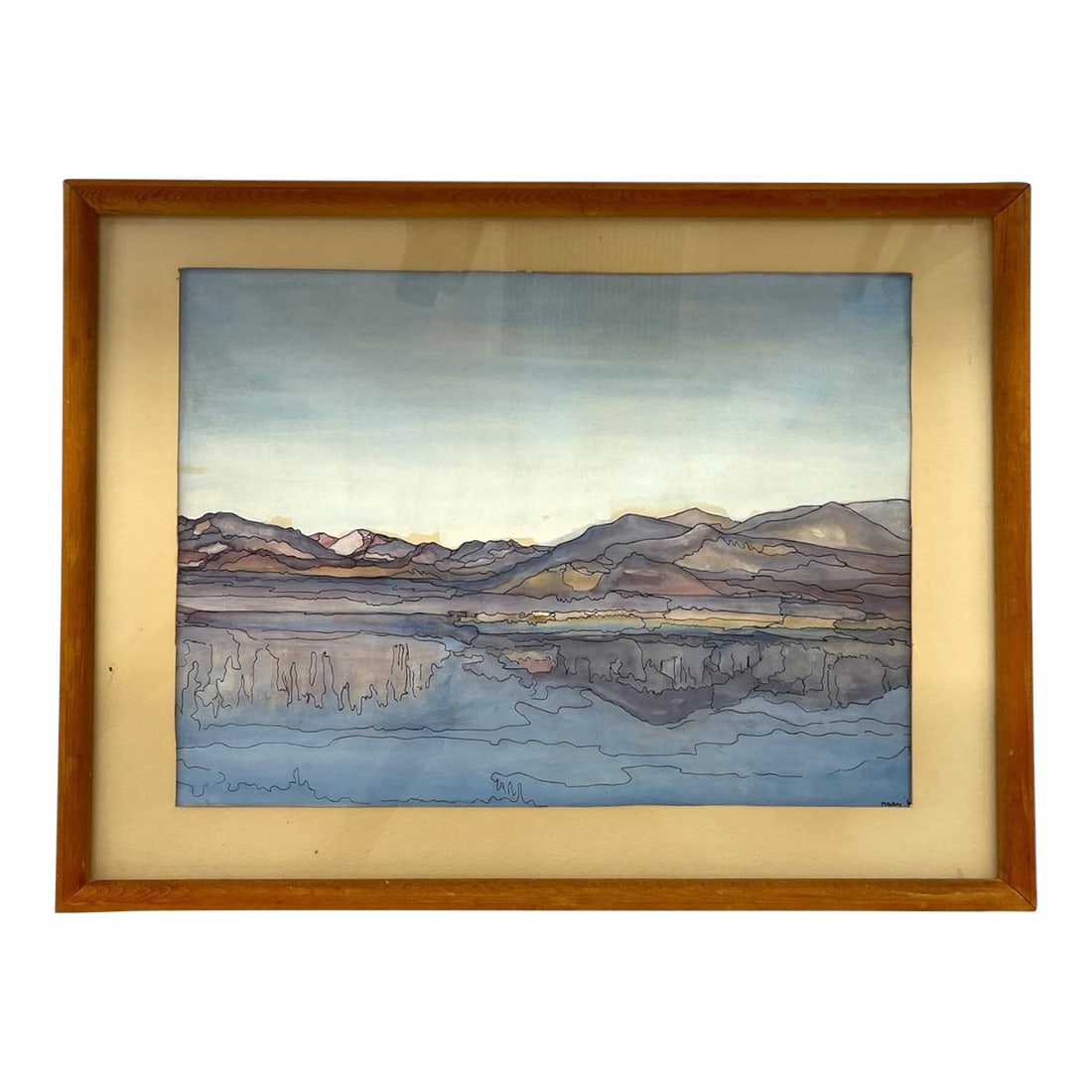 Possibly Original Mid-Century Modern Watercolor Landscape Painting Signed Mary,1969: This framed landscape artwork, signed Mary '69 in the lower right corner, appears to be a watercolor on paper. The composition presents a tranquil mountain range reflected across a still body of