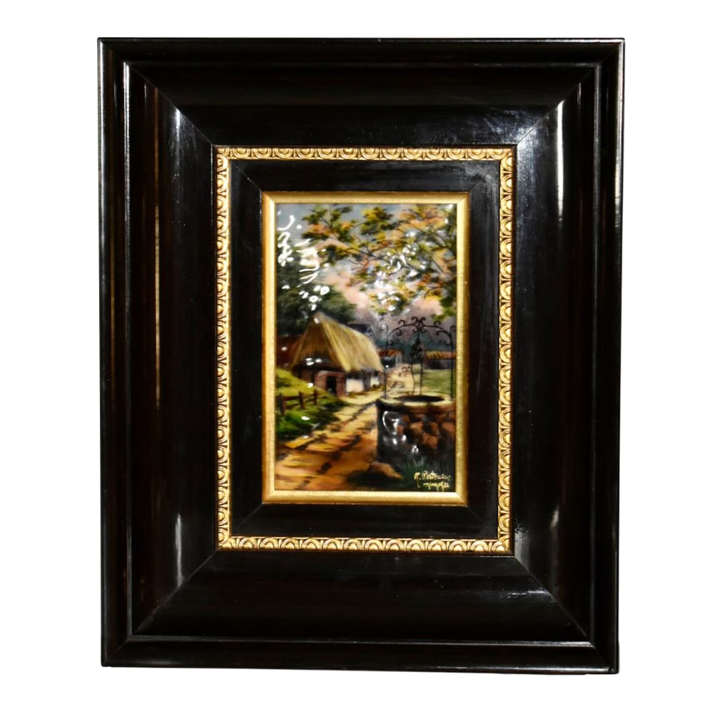 Vintage Signed French Limoges Painted Enamel Scene in Wood Frame: Vintage (1940's) Painting in Wood Frame. Enamel- Hand Painted Cottage Landscape Scene. French - Limoges - Signed. The Meaurements: Overall Size: 9.5"W x 2.5"D x 11.5"H /Interior Size of Painting:
