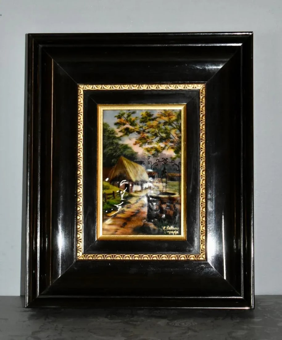 Vintage Signed French Limoges Painted Enamel Scene in Wood Frame - 2