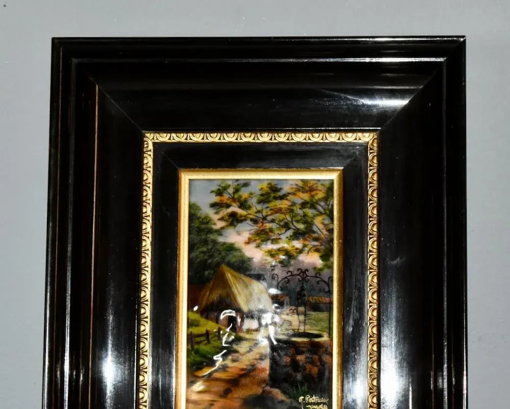 Vintage Signed French Limoges Painted Enamel Scene in Wood Frame - 3