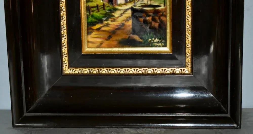 Vintage Signed French Limoges Painted Enamel Scene in Wood Frame - 4