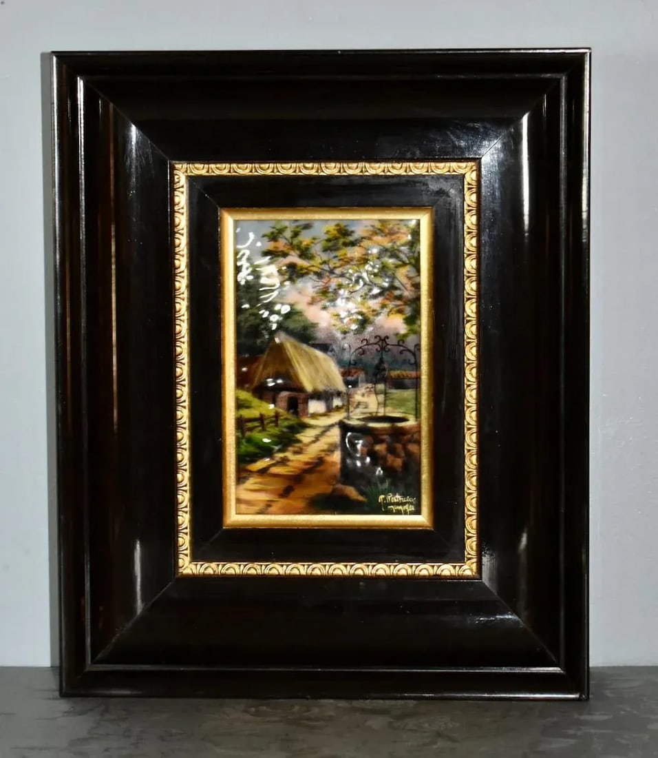 Vintage Signed French Limoges Painted Enamel Scene in Wood Frame - 5