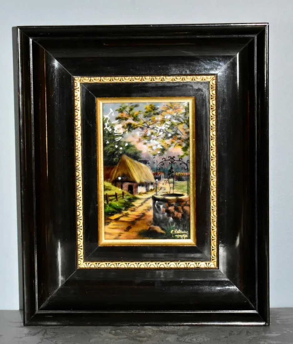 Vintage Signed French Limoges Painted Enamel Scene in Wood Frame - 6