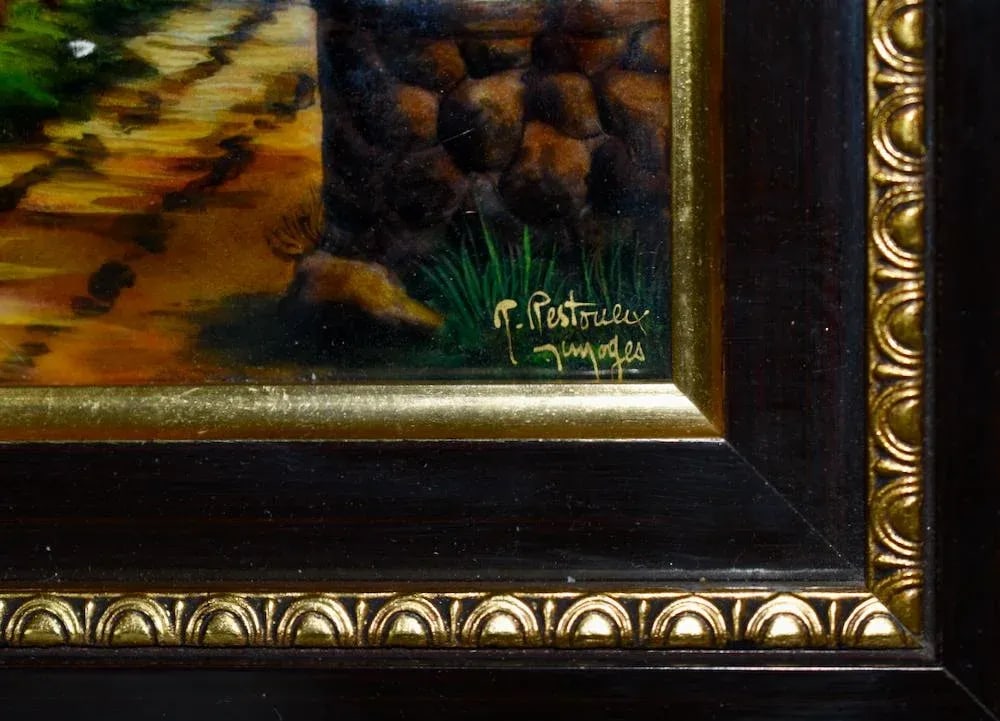 Vintage Signed French Limoges Painted Enamel Scene in Wood Frame - 7