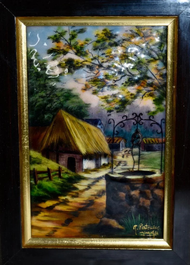 Vintage Signed French Limoges Painted Enamel Scene in Wood Frame - 8