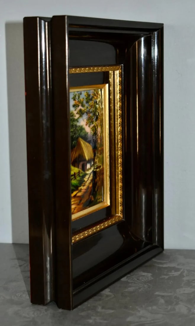 Vintage Signed French Limoges Painted Enamel Scene in Wood Frame - 9