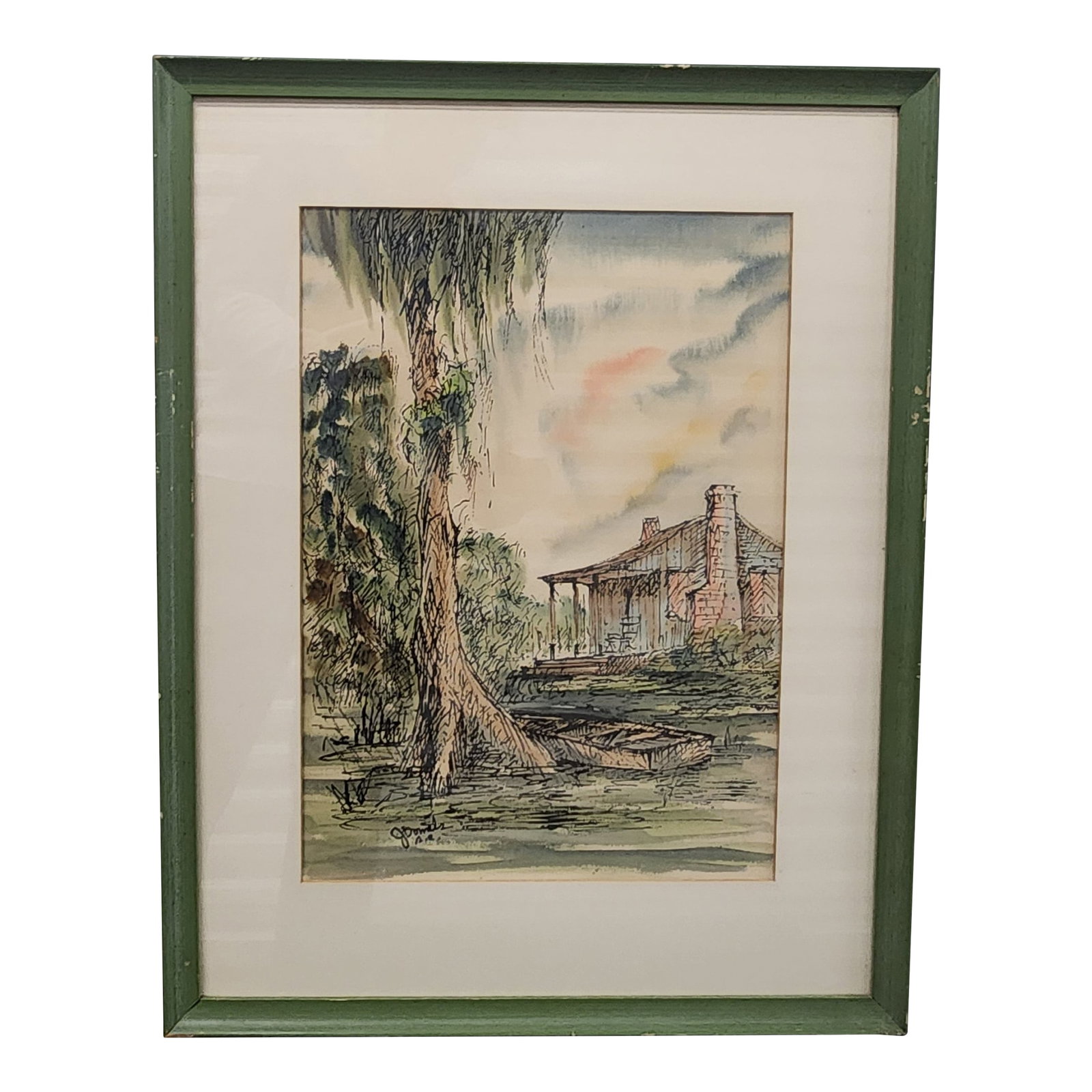 Vintage Johnny Donnels Louisiana Bayou Watercolor Painting - Cypress Landscape: Hand-colored lithograph by Johnny Donnels (1924-2009), New Orleans artist known for his evocative depictions of Louisiana. This scene features a moss-draped cypress, pirogue (flatboat), and a raised p