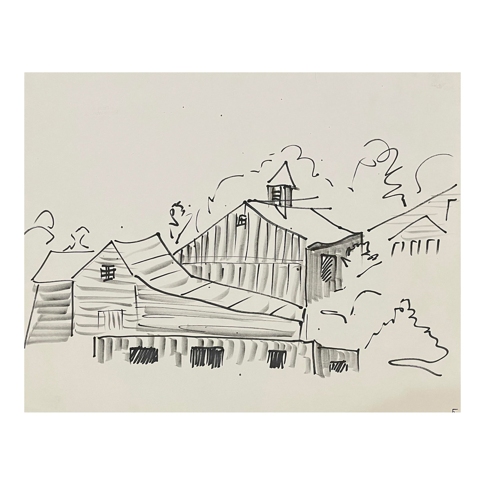1960s Frank Wallace Vermont Farm: Farm watercolor and ink wash on paper by Vermont artist Frank Wallace (1915/18-2003). Wallace was born in Toledo, Ohio and grew up in Massachusetts attending Phillips Academy and Amherst College. He