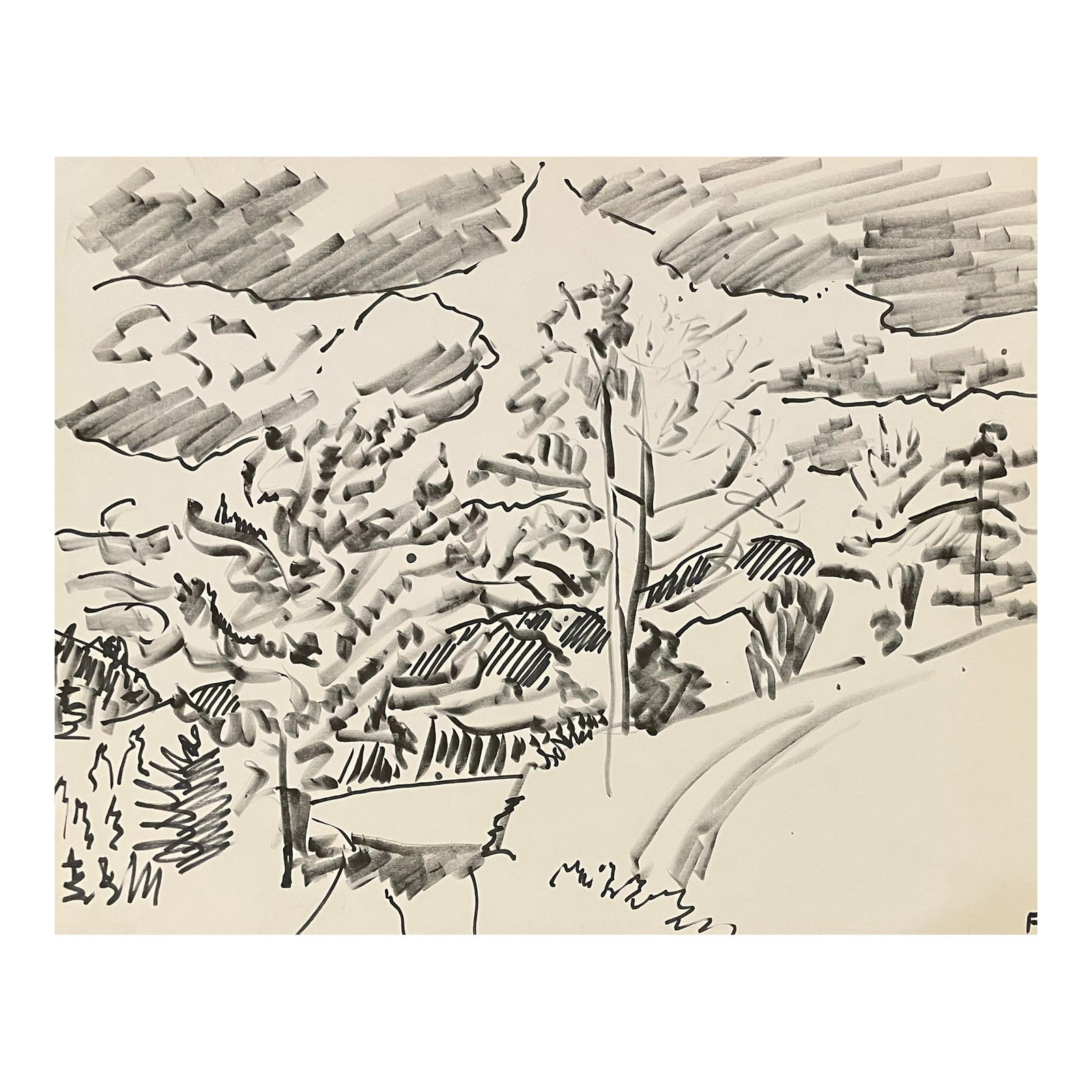 1960s Frank Wallace Craftsbury Vermont Landscape: Landscape watercolor and ink wash paper by Vermont artist Frank Wallace (1915/18-2003). Wallace was born in Toledo, Ohio and grew ip in Massachusetts attending Phillips Academy and Amherst College.