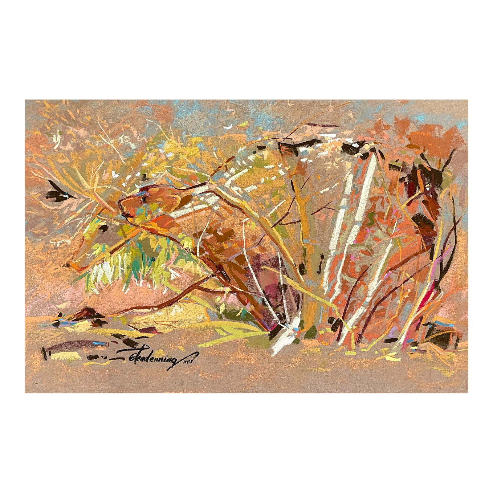 Susan Glendenning Bear in Landscape Pastel: Impressionist pastel on heavy paper by Washington State artist Susan Flora Glendenning (born 1948.) Signed and marked "NPS" (National Pastel Society) lower left. Glendenning was born in Virginia and