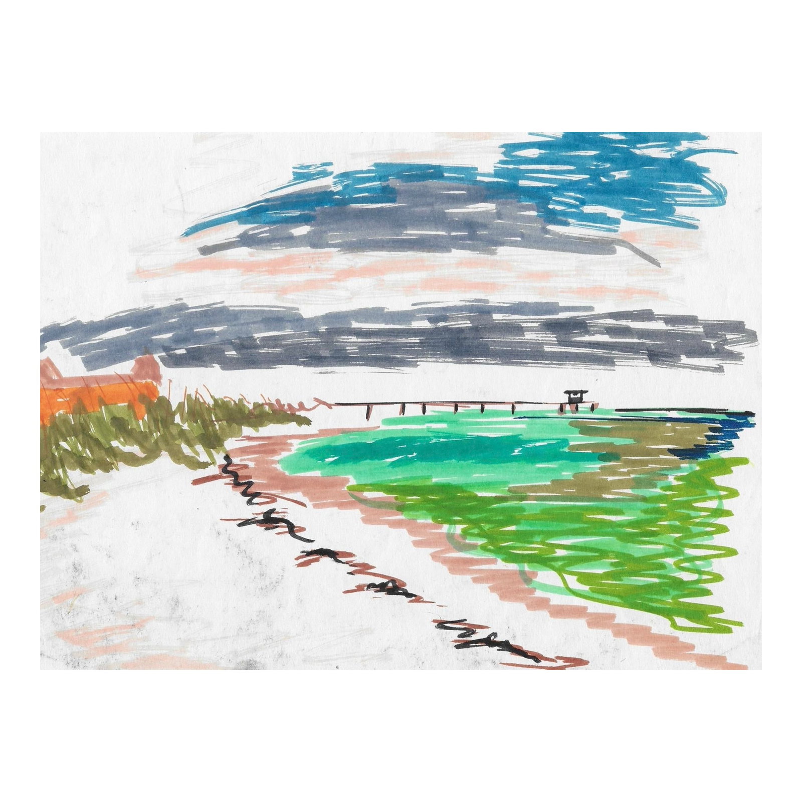 1960s Coastal Watercolor: 1960s watercolor of a beach and boardwalk. Probably the work of Maine artist Eleanore Yeaton Stevens (1901-1994) as it was found with a group of her work. Combined shipping available, please inquire.