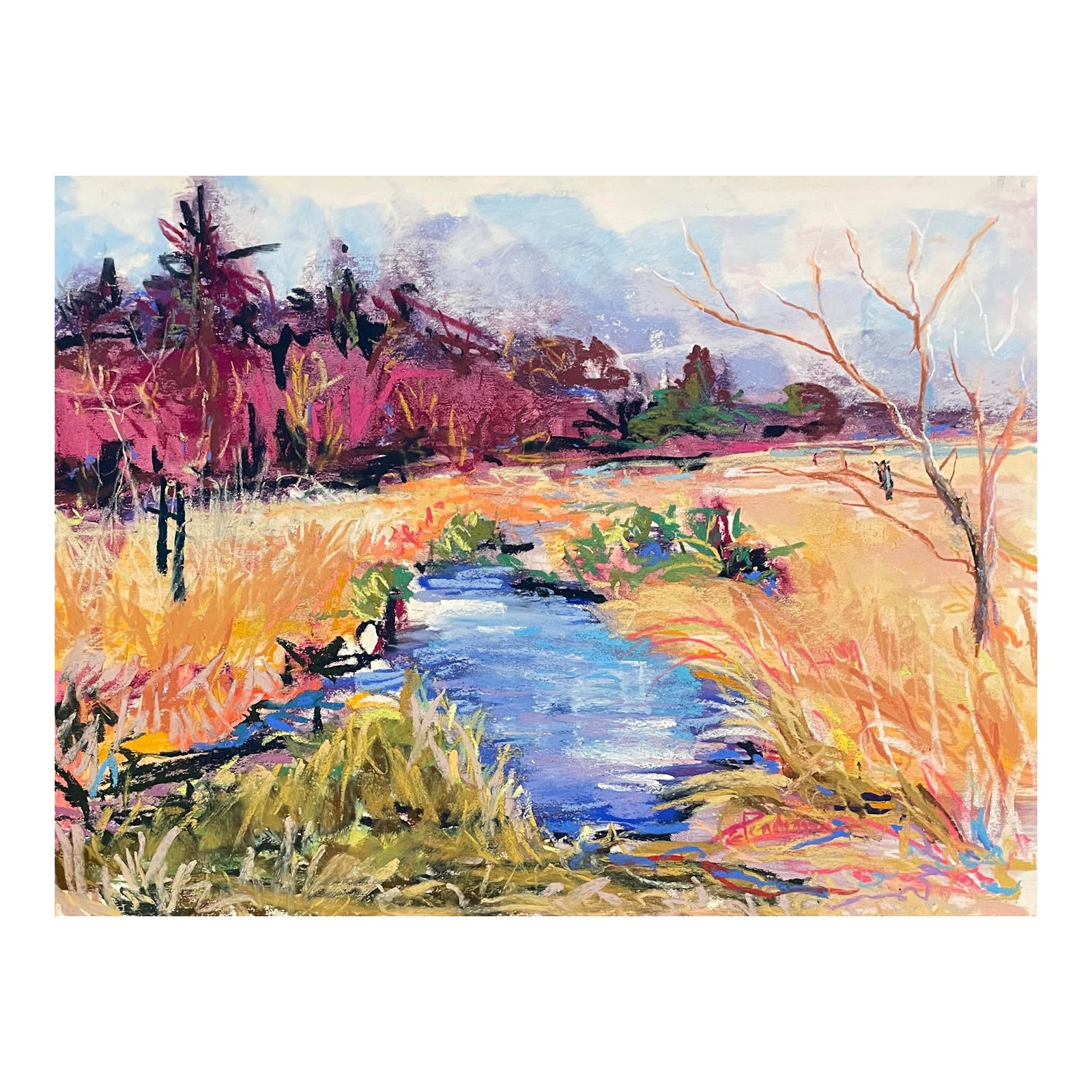 Susan Glendenning Pacific Northwest Landscape: Impressionist pastel on heavy paper by Washington State artist Susan Flora Glendenning (born 1948.) Pacific Northwest landscape, probably coastal near the Sound around Olympia; signed lower right.