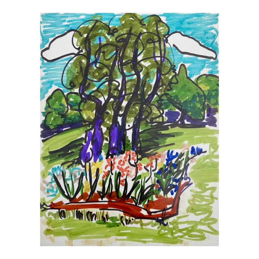 1960s Alexandra Merker Spring Landscape Painting: Alexandra Merker (1920-2009) watercolor and marker landscape; estate stamp on back. Sheet size: 11 x 8.5 inchesCombined shipping available, please inquire. Condition: Alterations: Original Condition U