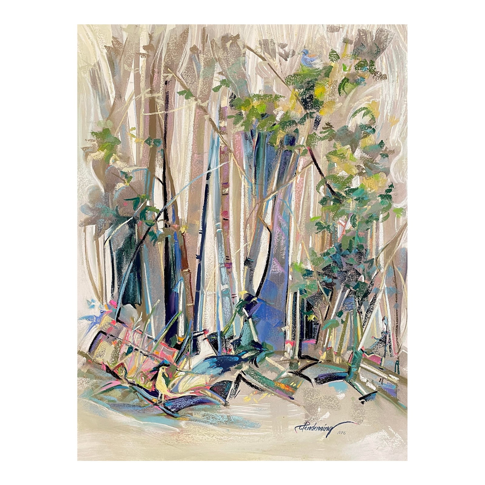 Pacific Northwest Landscape by Susan Glendenning: Impressionist pastel on heavy paper by Washington State artist Susan Flora Glendenning (born 1948.) Vertical landscape signed lower right and inscribed "NPS" for National Pastel Society. Glendenning