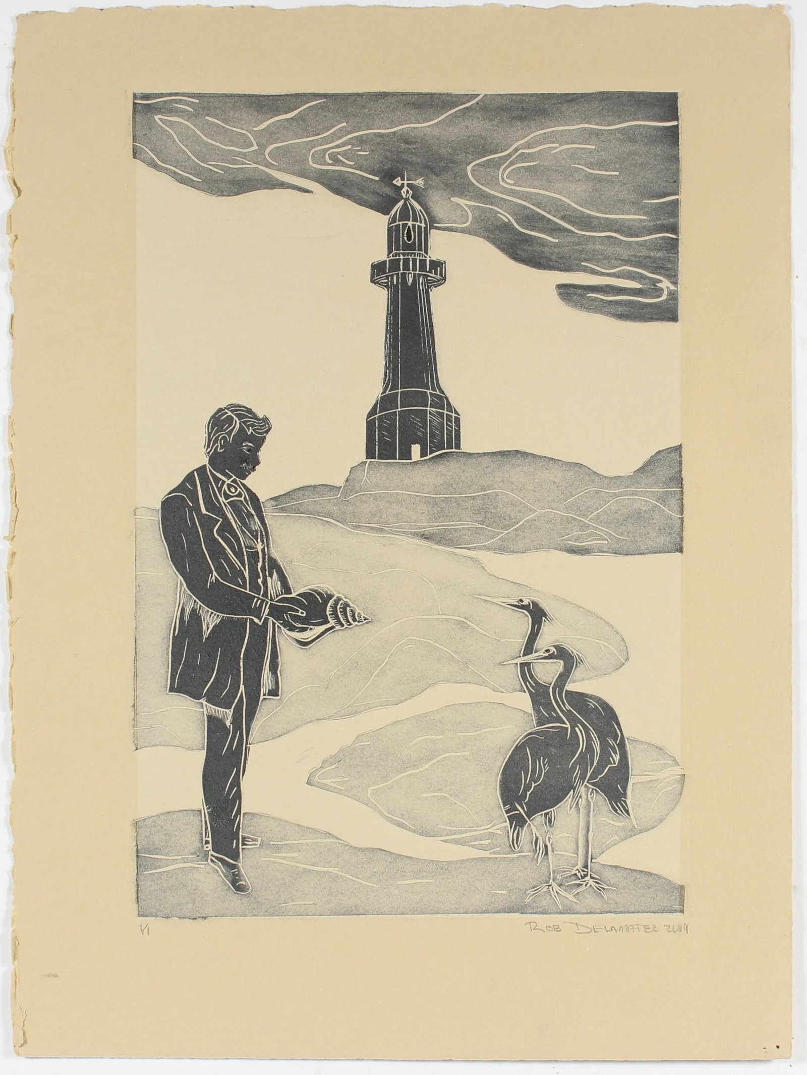 Lighthouse Scene by Rob Delamater, 2009: This 2009 linoleum block print on paper is by San Francisco artist and Lost Art Salon co-owner Rob Delamater (b.1966). Delamater creates abstract compositions that evoke organic shapes and motifs