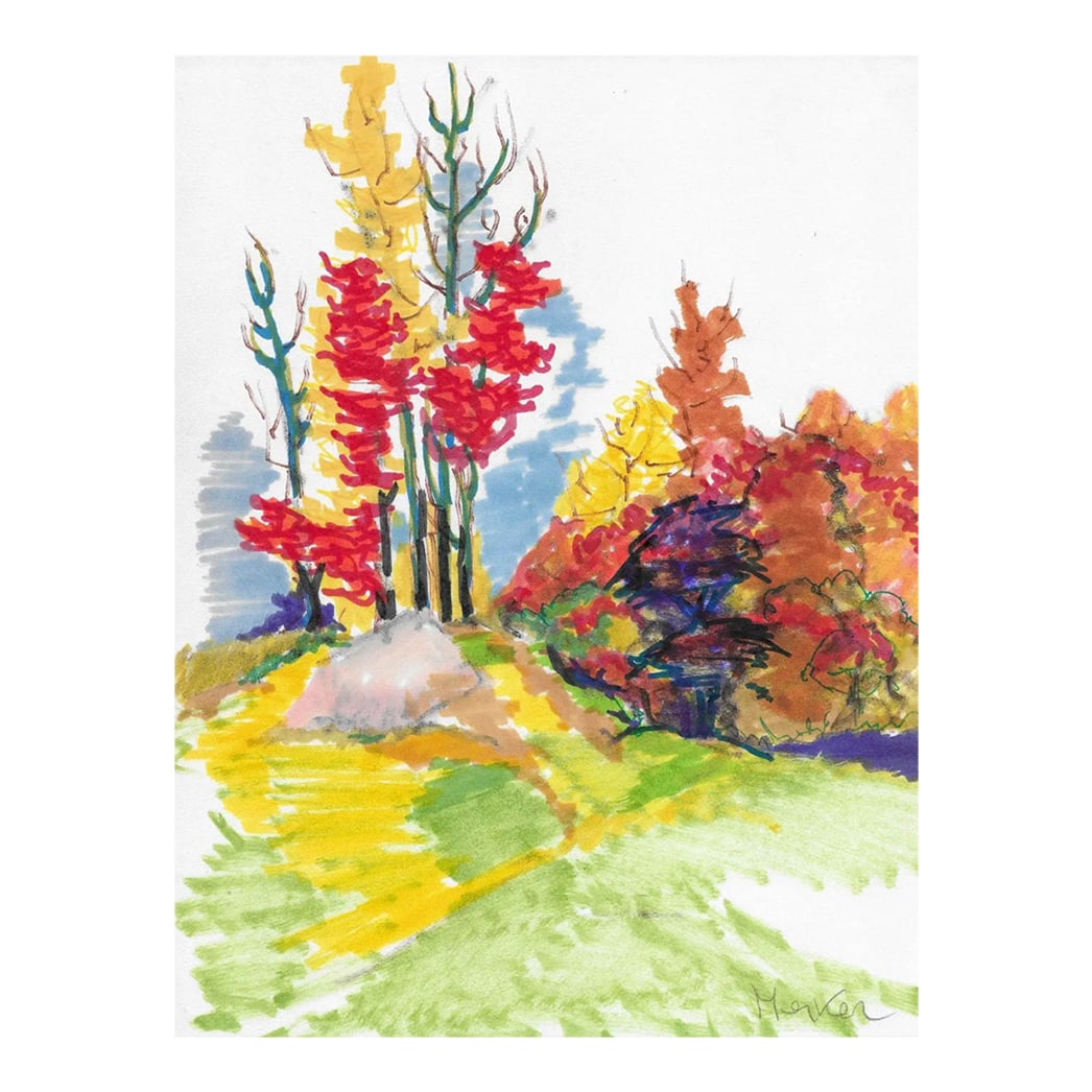 Alexandra Merker Autumn Landscape Painting: Alexandra Merker (1920-2009) MCM landscape on paper. Signed lower right. Combined shipping, please inquire before you buy. Condition: Alterations: Original Condition Unaltered Imperfections: Some