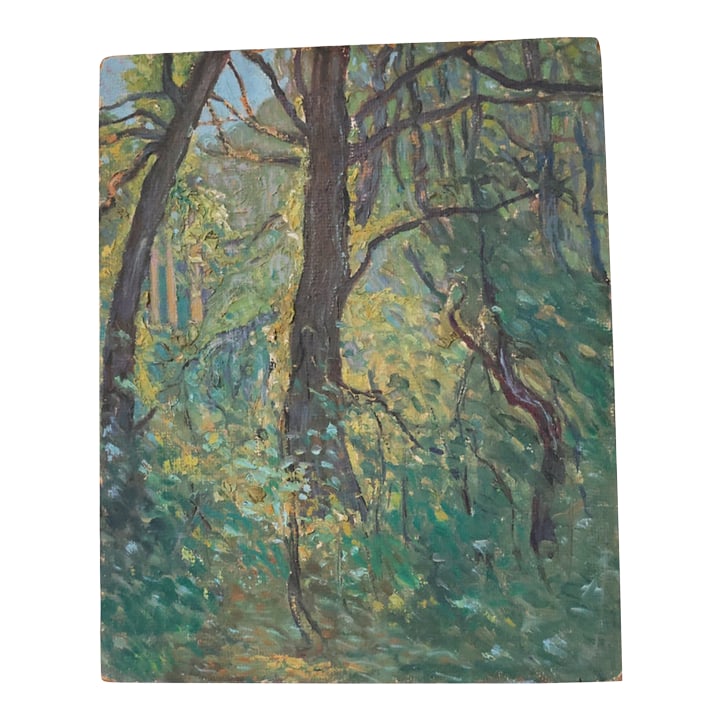 Mid-20th Century French Shades of Green Painting: This mid-20th century French shades of green painting explores the rich variety and depth found within natural landscapes through a harmonious blend of green tones. The artwork emphasizes texture,
