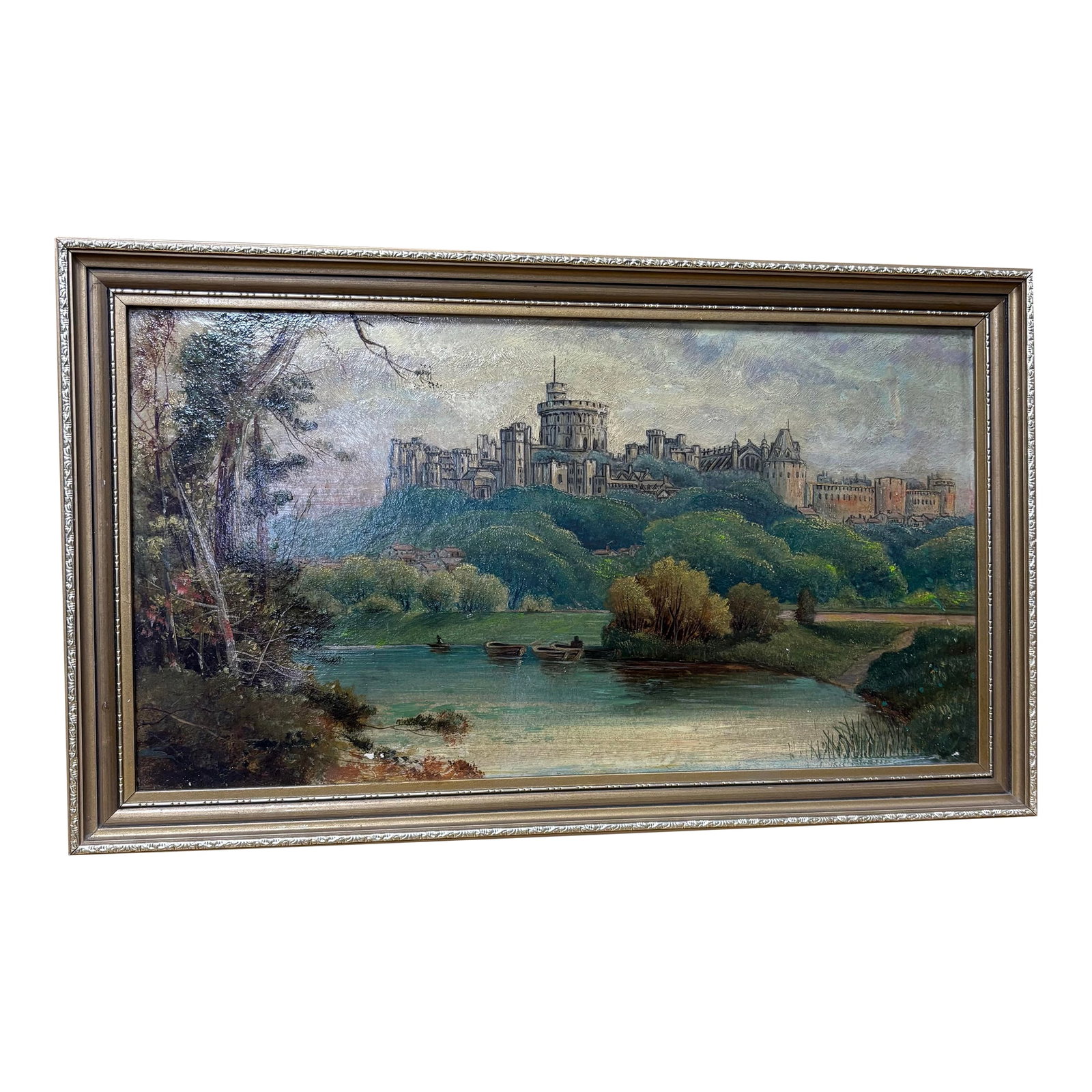 Oil on Canvas of Windsor Castle: A captivating vintage English landscape watercolor, depicting the romantic ruins of a castle or abbey nestled within a serene countryside setting. The composition is rendered with exquisite attention 