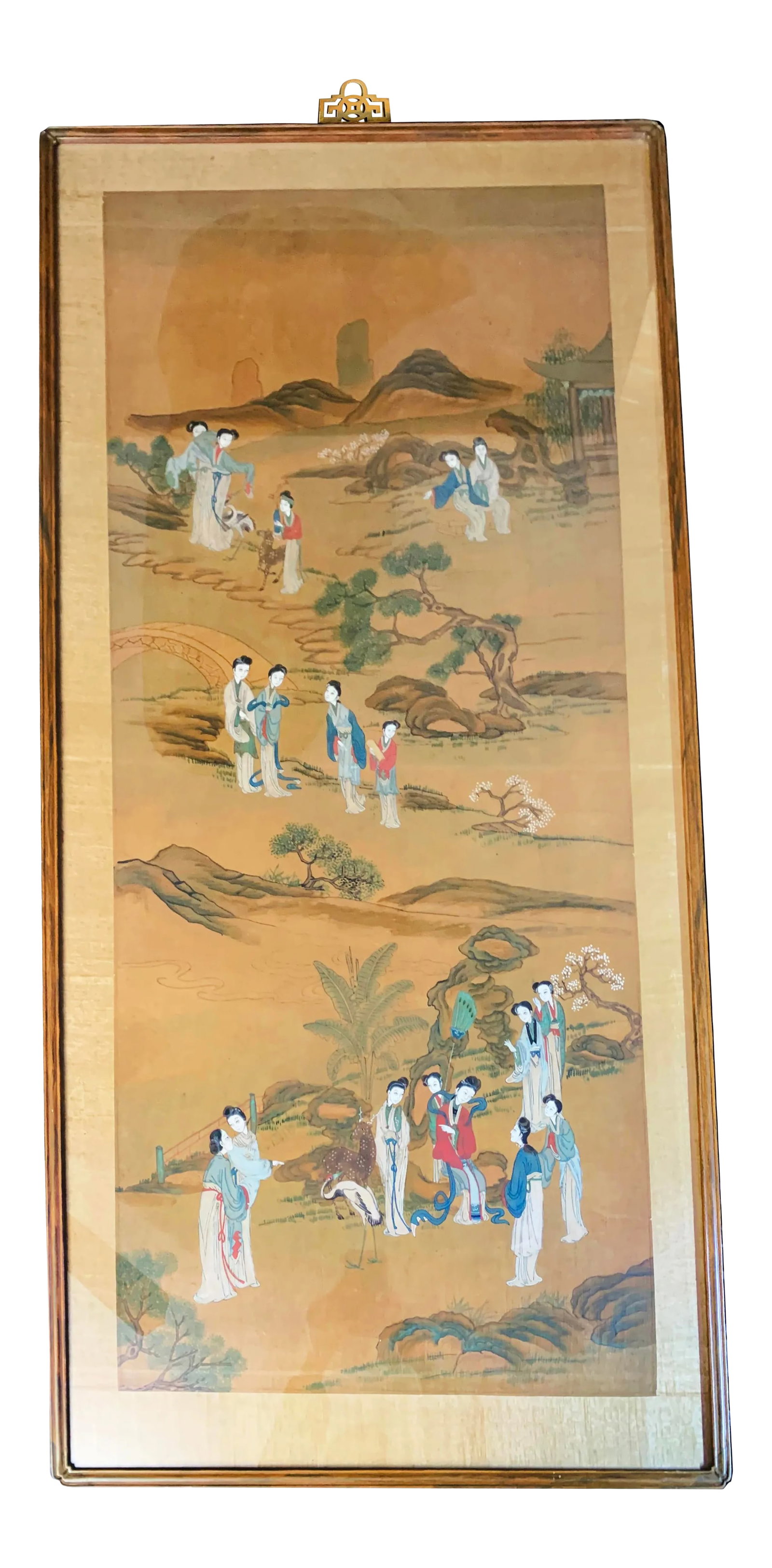 Antique Qing Dynasty Watercolor on Silk Framed Artwork: Very large, framed watercolor on silk antique Qing Dynasty Chinese artwork. This one of a kind piece was hand painted with beautiful craftsmanship in the late 1700s - early 1800s. It features turn of 