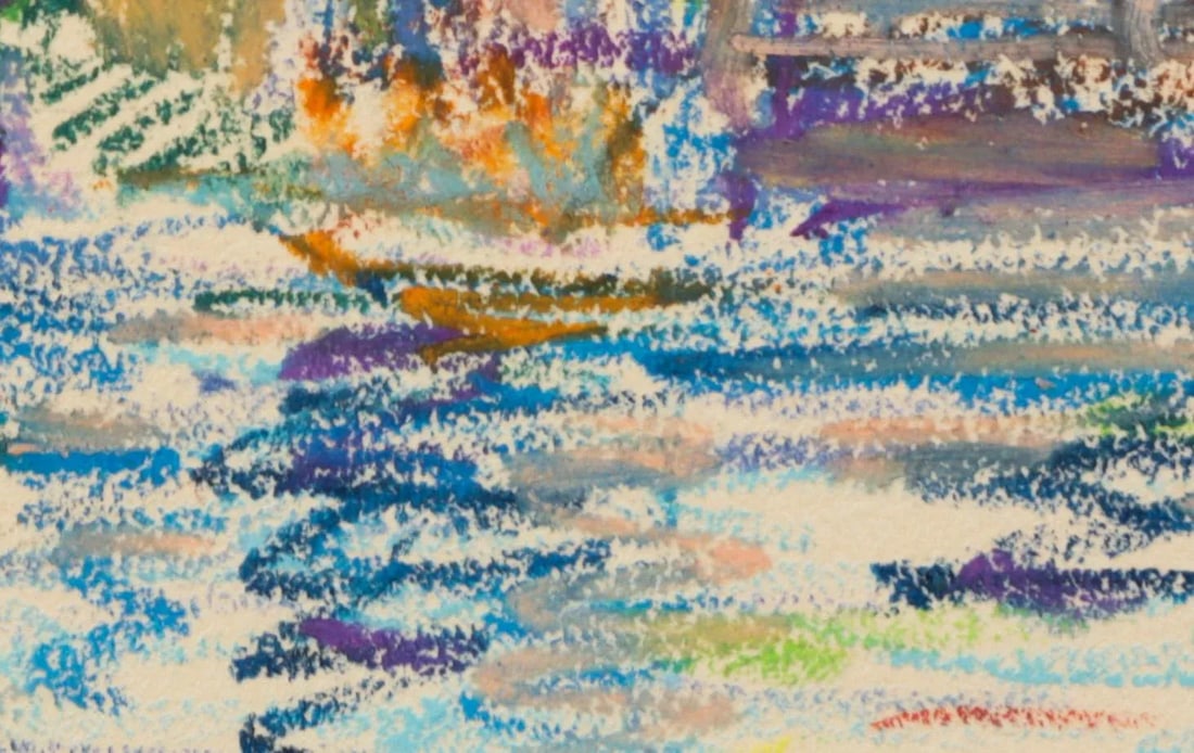 1950s Swedish Folk Art Oil Pastel Drawing of Stockholm City Hall in Sky Blue, Pink, Purple, Teal, Gr - 12