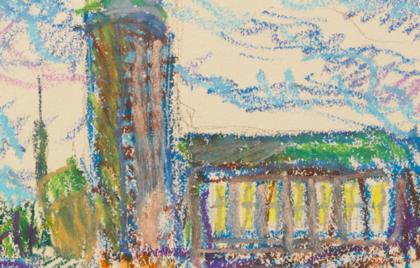 1950s Swedish Folk Art Oil Pastel Drawing of Stockholm City Hall in Sky Blue, Pink, Purple, Teal, Gr - 14