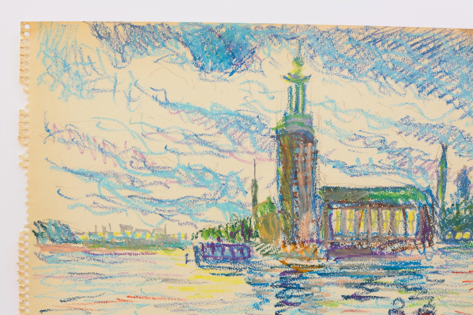 1950s Swedish Folk Art Oil Pastel Drawing of Stockholm City Hall in Sky Blue, Pink, Purple, Teal, Gr - 15