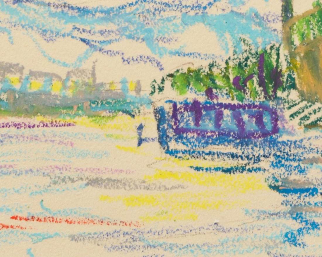 1950s Swedish Folk Art Oil Pastel Drawing of Stockholm City Hall in Sky Blue, Pink, Purple, Teal, Gr - 16