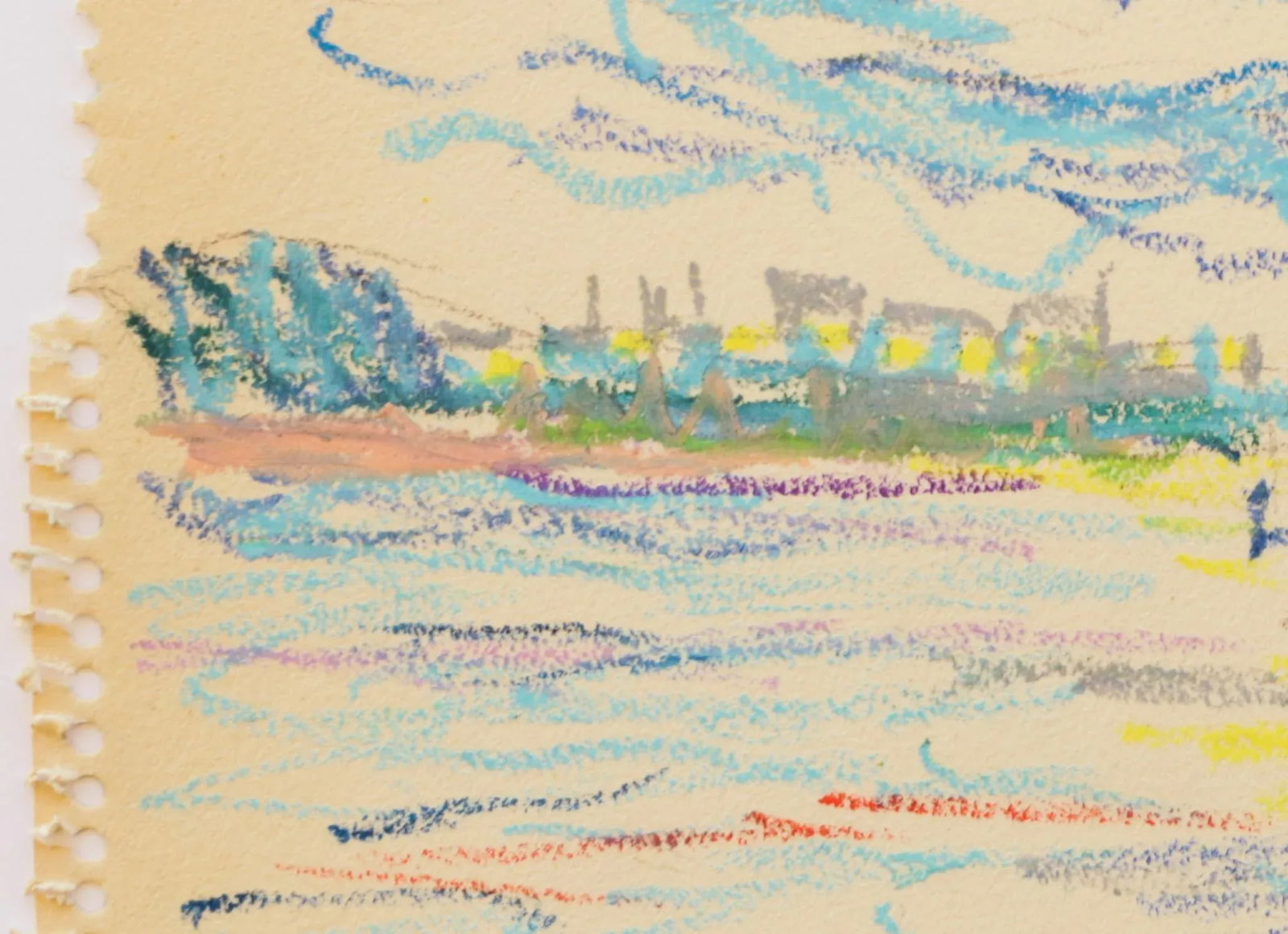 1950s Swedish Folk Art Oil Pastel Drawing of Stockholm City Hall in Sky Blue, Pink, Purple, Teal, Gr - 18