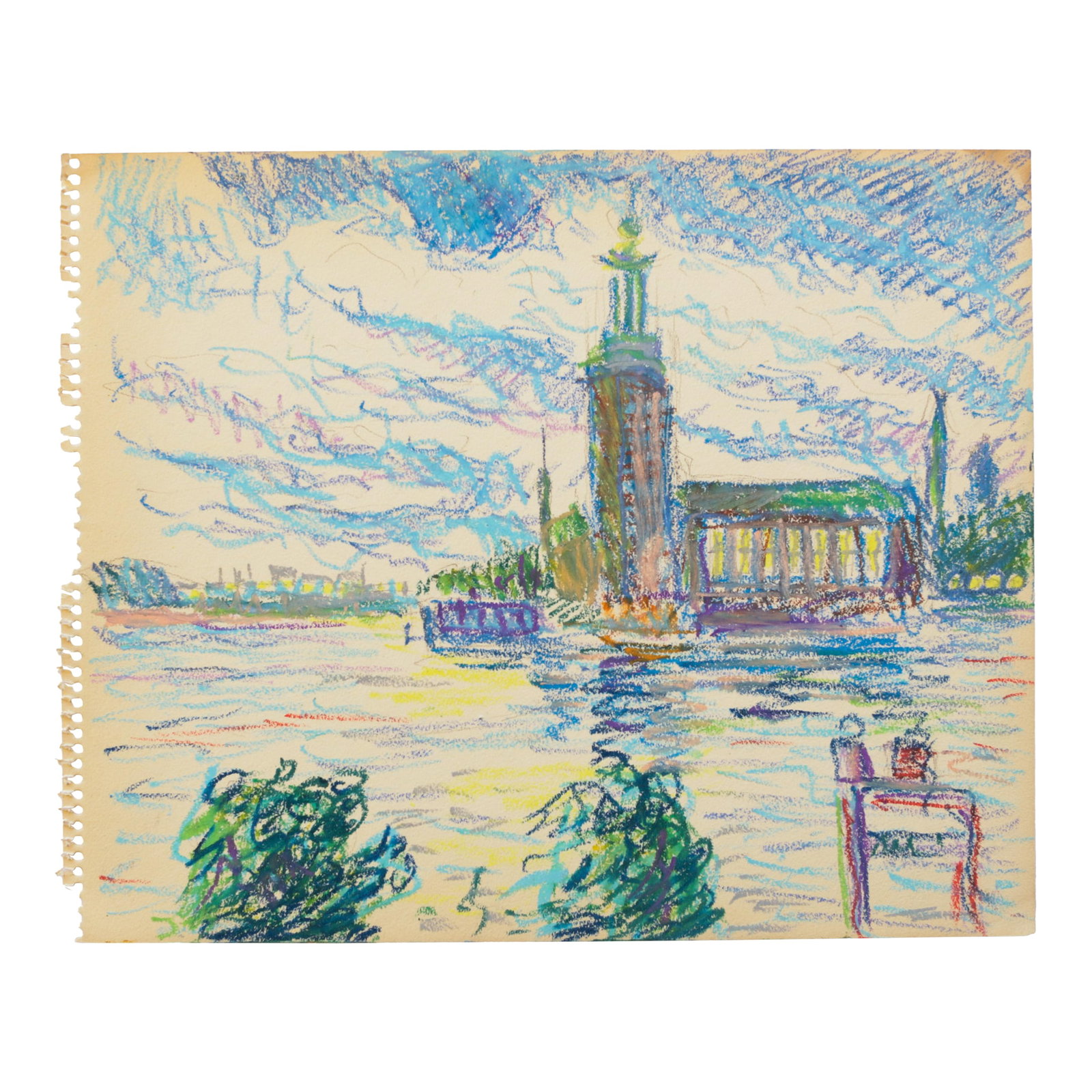 1950s Swedish Folk Art Oil Pastel Drawing of Stockholm City Hall in Sky Blue, Pink, Purple, Teal, Gr: Early 1950s Swedish Original Oil Pastel Drawing of the Stockholm City Hall and waterfront in Sky Blue, Pink, Purple, Yellow, Green and Dark Teal. The building in the image is the recognizable