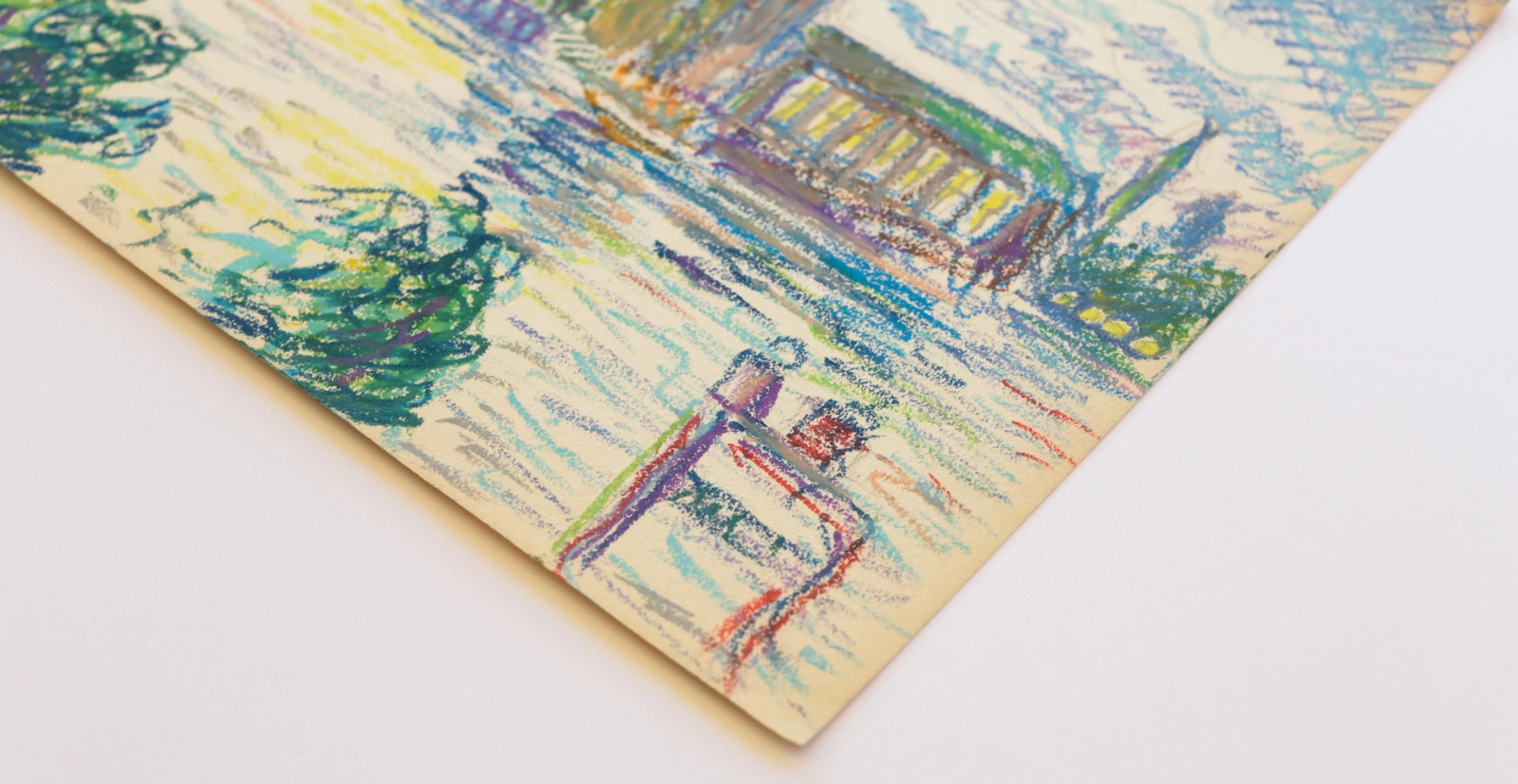 1950s Swedish Folk Art Oil Pastel Drawing of Stockholm City Hall in Sky Blue, Pink, Purple, Teal, Gr - 2