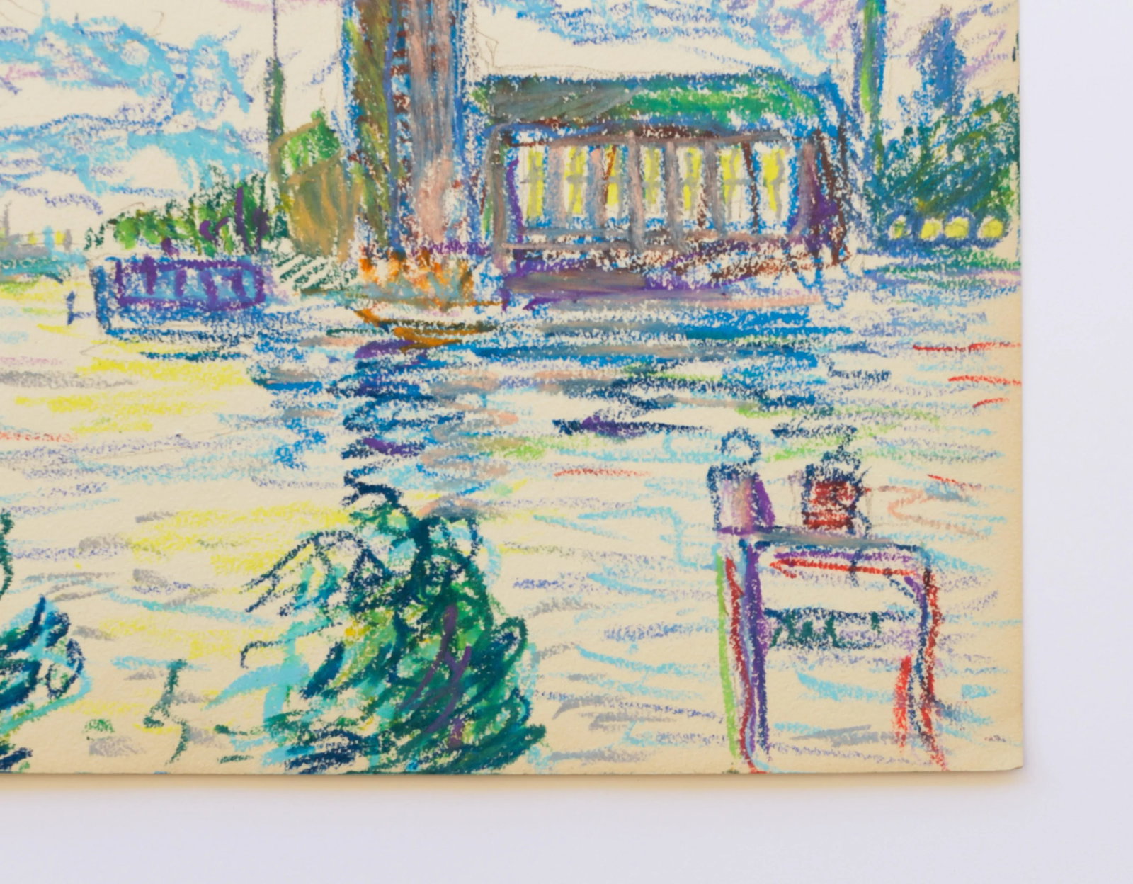 1950s Swedish Folk Art Oil Pastel Drawing of Stockholm City Hall in Sky Blue, Pink, Purple, Teal, Gr - 3