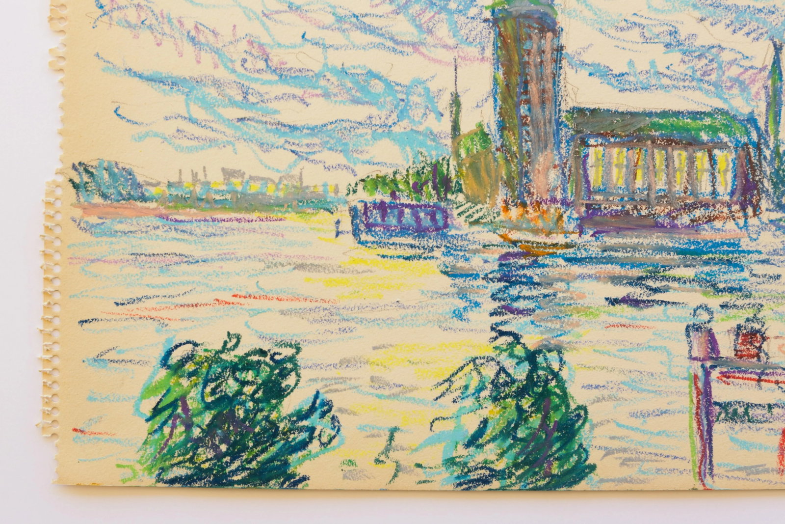 1950s Swedish Folk Art Oil Pastel Drawing of Stockholm City Hall in Sky Blue, Pink, Purple, Teal, Gr - 6