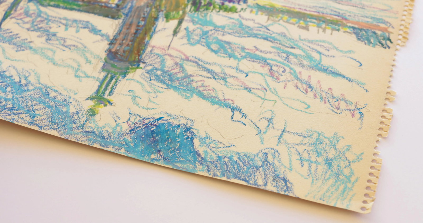 1950s Swedish Folk Art Oil Pastel Drawing of Stockholm City Hall in Sky Blue, Pink, Purple, Teal, Gr - 7