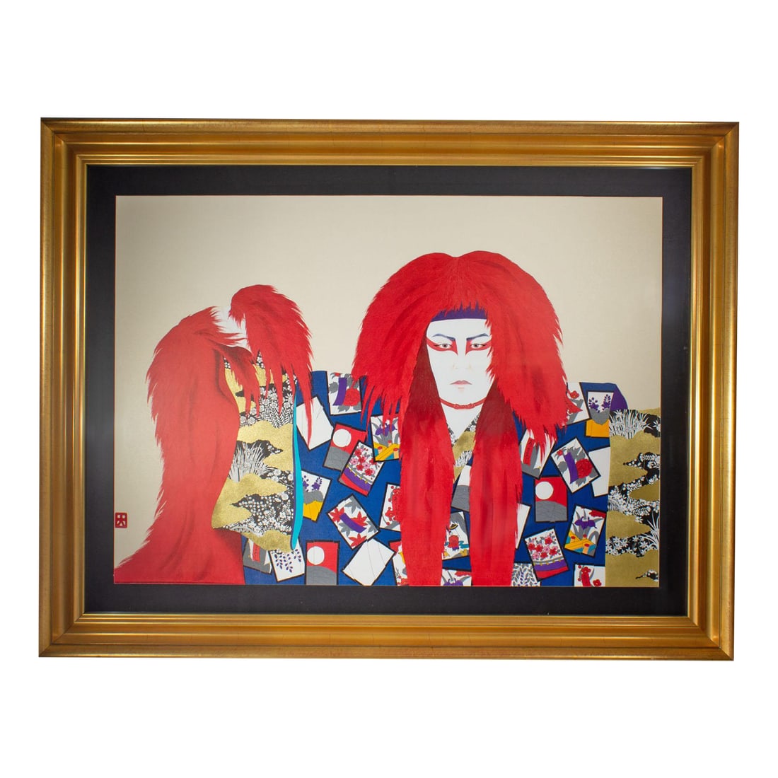 1988 "Lion of Fire" Embossed Giclee by Hisashi Otsuka: A 1988 embossed giclee print after a work by the Japanese artist Hisashi Otsuka (born 1948). Titled "Lion of Fire," this vibrant work depicts a figure with bright wear hair and wearing a heavily patte