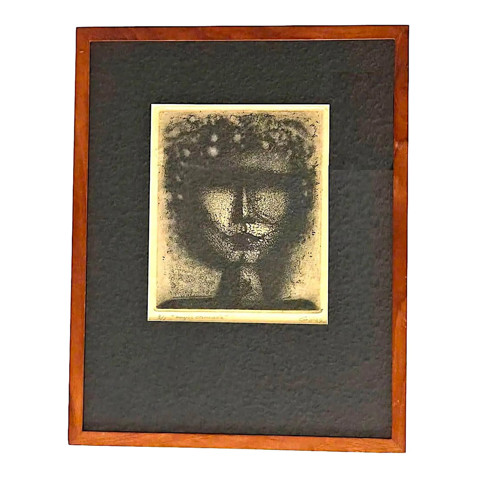1964 Anibal Gil Woodcut Print: "Mujer Coronada", Framed: Offered is a signed, numbered, and framed woodcut print titled "Mujer Coronada" (Crowned Woman) by the renowned Colombian artist, Anibal Gil Villa (b. 1932). It is signed "GIL - 64" on the lower