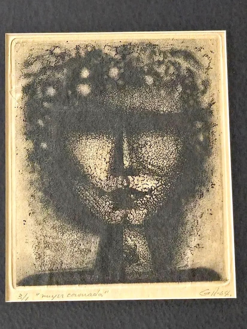 1964 Anibal Gil Woodcut Print: "Mujer Coronada", Framed - 5