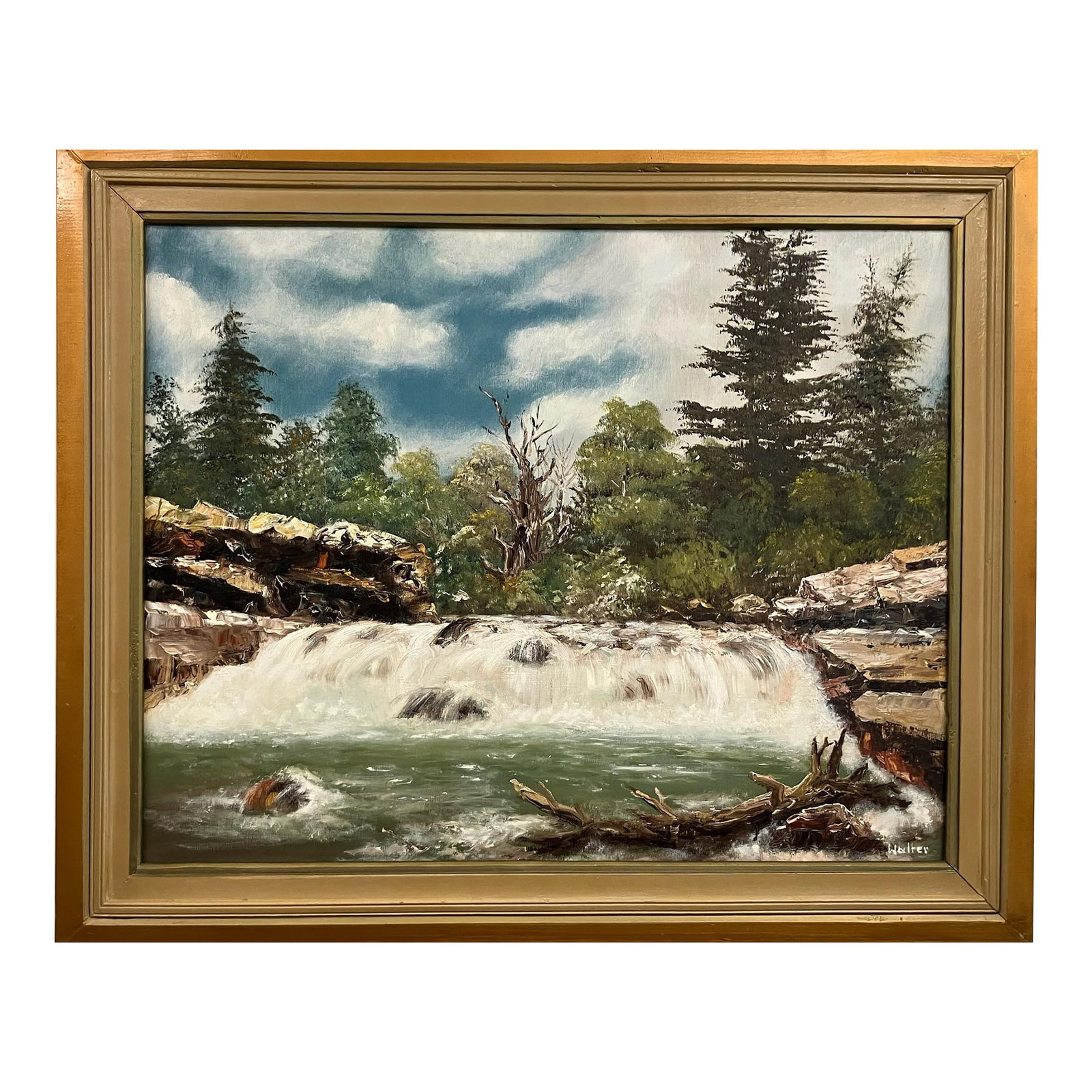 Vintage Large Landscape Oil Painting of Waterfall by Walter: Beautiful vintage oil painting on canvas depicting a rushing waterfall cascading over rocky ledges, framed by lush evergreens under a vivid blue sky. The artist Walter captures the energy of the