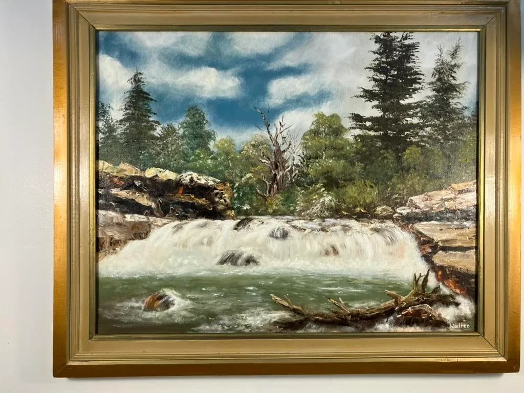 Vintage Large Landscape Oil Painting of Waterfall by Walter - 2
