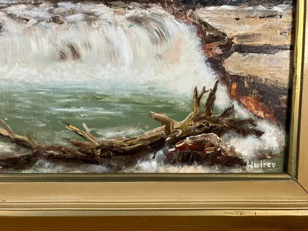 Vintage Large Landscape Oil Painting of Waterfall by Walter - 3