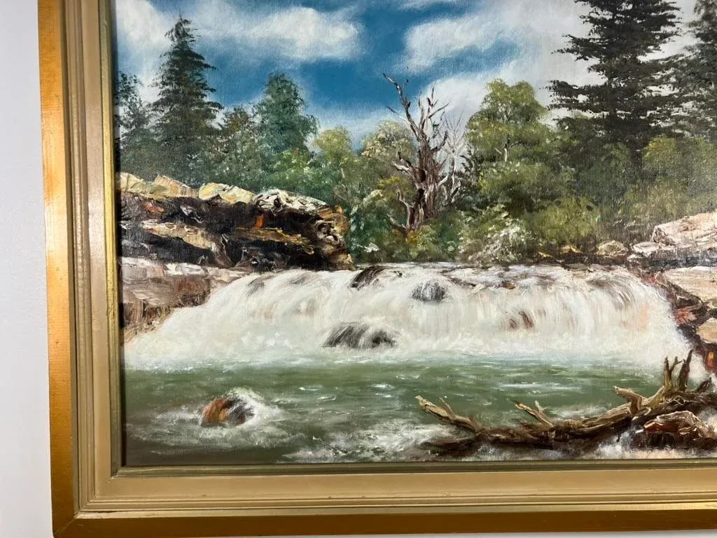 Vintage Large Landscape Oil Painting of Waterfall by Walter - 4